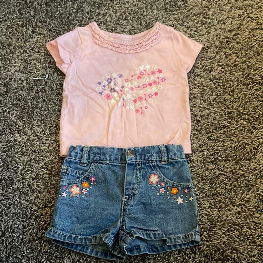Faded Glory Pink Short Sleeve T-shirt and Blue Jean Shorts Matching Set